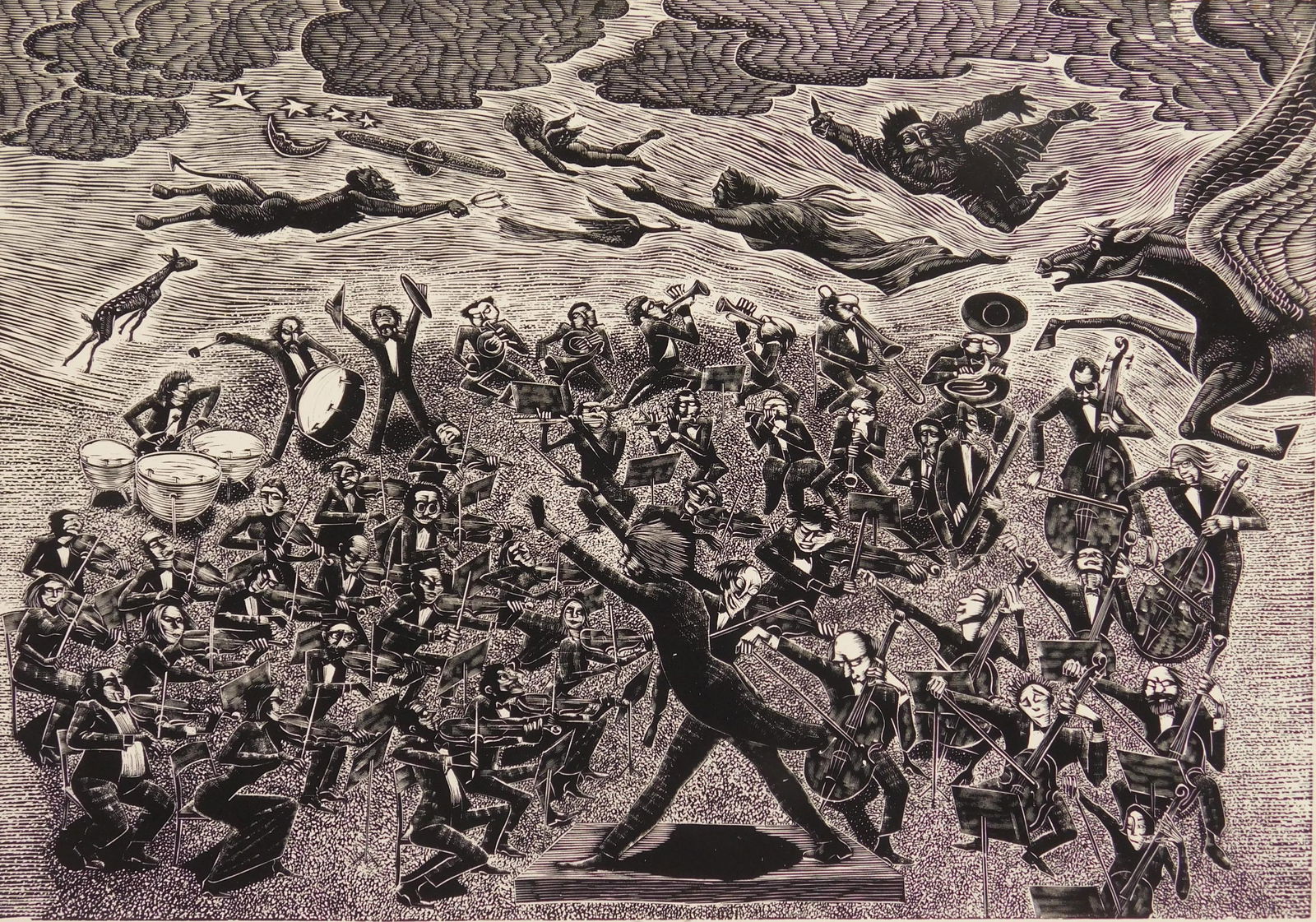 Lou Barlow (1908-2011) wood engraving: Symphony Orchestra wood engraving, signed, titled and annotated 'A.P.' in pencil. 13 x 18 1/2" Provenance: Private collection- Ridgefield, CT