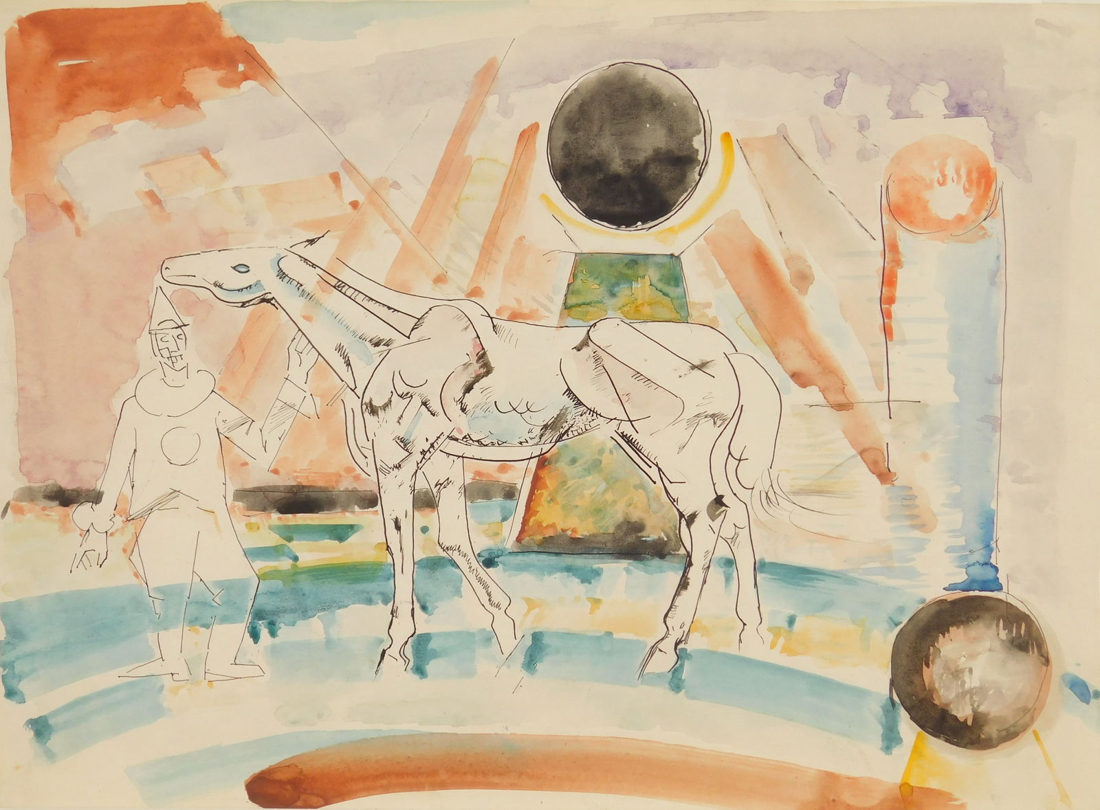 William Sommer (1867-1949) watercolor: Horse and Clown watercolor and pen and ink on paper. 10 5/8 x 14 5/8" Provenance: Private collection - Cleveland, OH