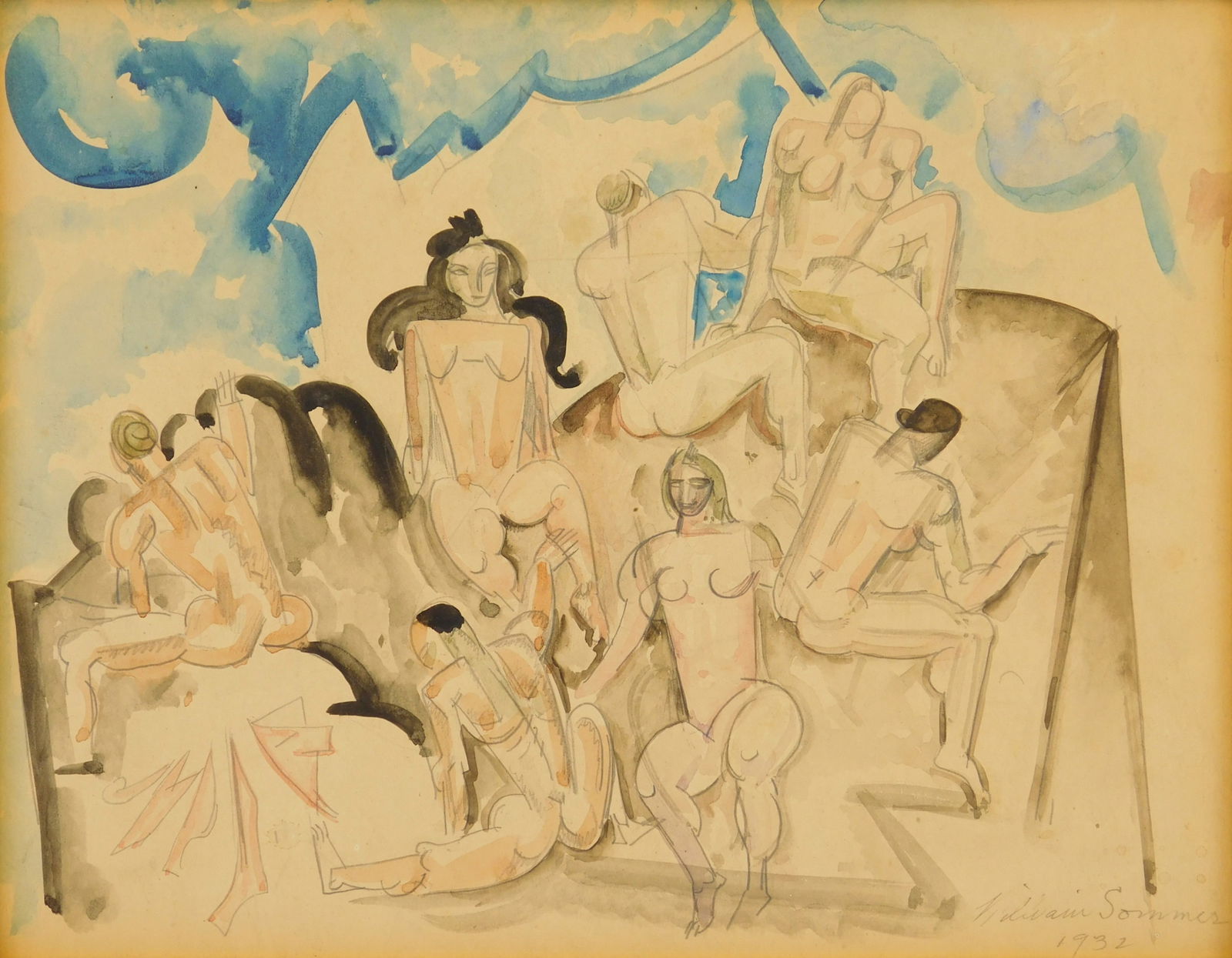 William Sommer (1867-1949) watercolor: Mt. Olympus with Gods watercolor on paper, 1932, signed and dated lower right. 8 1/2 x 11" Provenance: Private collection- Cleveland, OH
