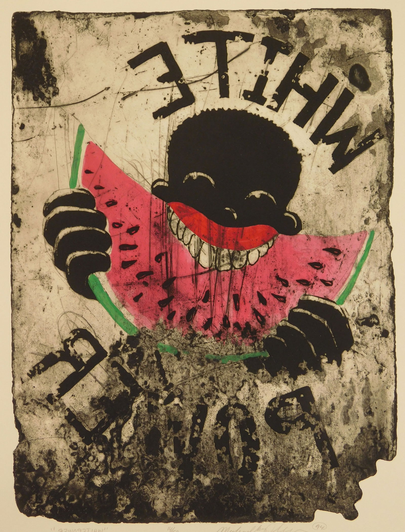Michael Ray Charles (American, 1967- ) etching: White Power aquatint and open bite etching in colors, 1994, signed, dated, titled "REWOPETIHW" and numbered 14/50 in pencil, published by Flat Bed Press. 15 13/16 x 11 7/8&