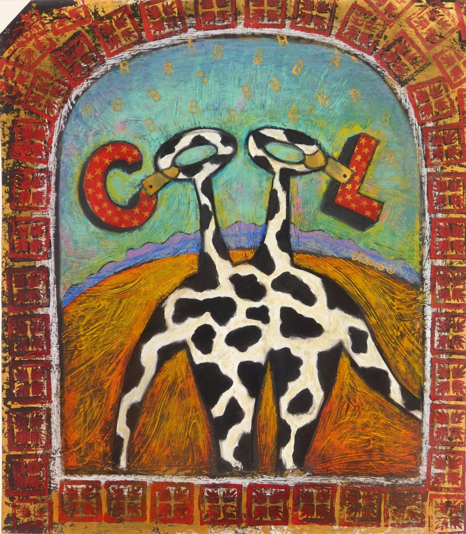 Diane Dickens (American 20t/21st c.) pastel and acrylic: Be Cool (Donutheads) pastel and acrylic on paper, signed dickens center right. 17 1/2 x 15" Provenance: Private collection- Shaker Heights, OH