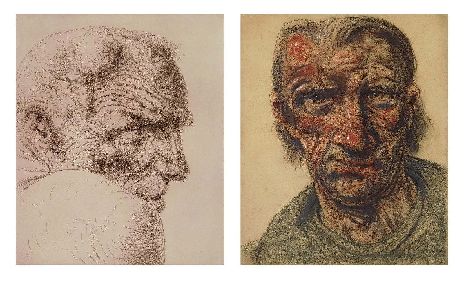 2 Peter Howson (Scottish 1958- ) etchings: Gospel Oak & Vauxhall 2 etchings (1 with hand-coloring), 1998, 2002, both signed, titled and dated in pencil, small editions. 11 3/4 x 9 3/4" ea. Provenance: Private collectio