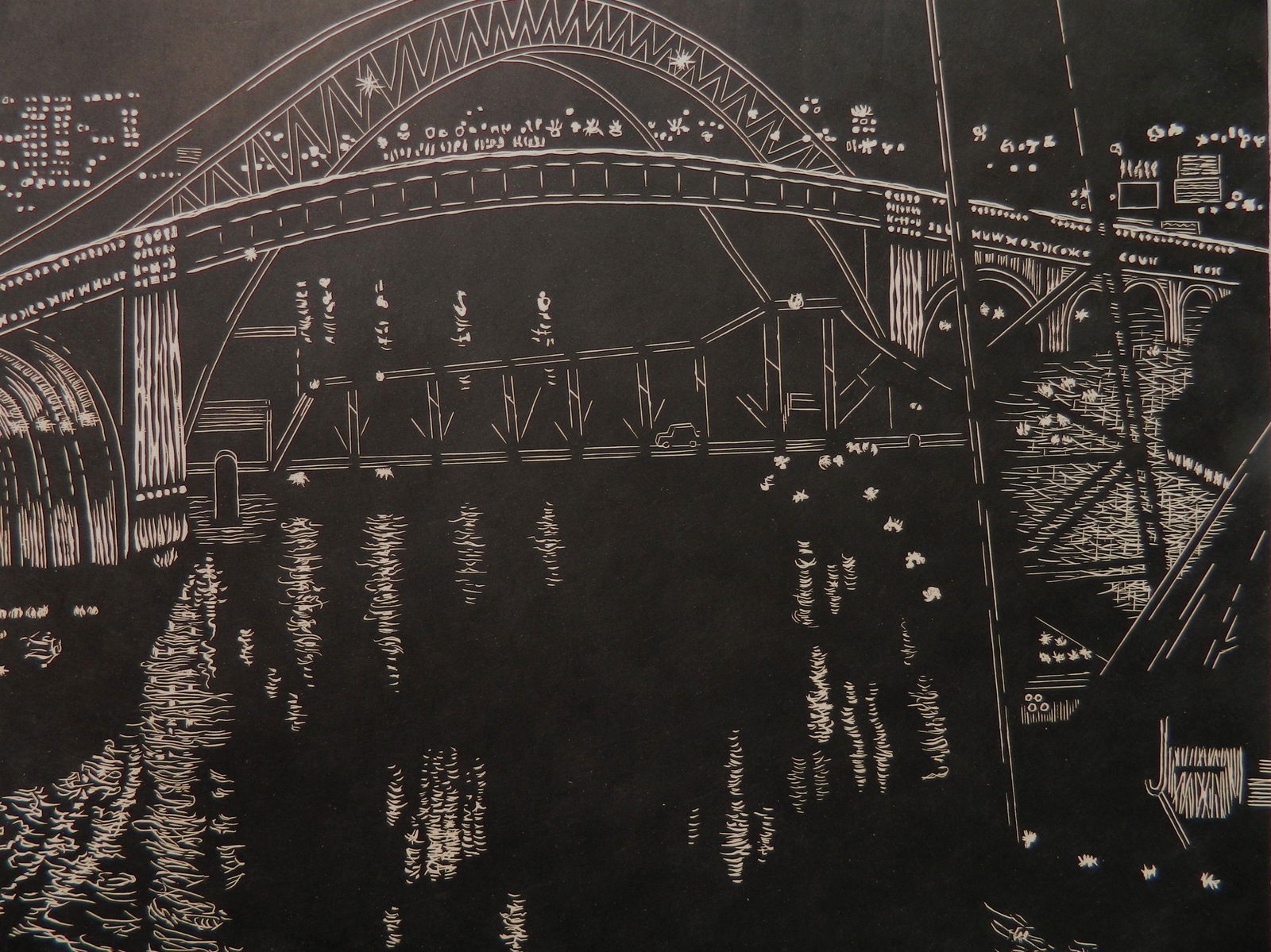 Yvonne Jacquette (American 1934- ) woodcut: Bridges Over Cuyahoga River, Cleveland woodcut, 1999, signed and dated in pencil in the image, edition of 250, The Print Club of Cleveland publication no. 78 for 2000. 17 7/8 x 23''