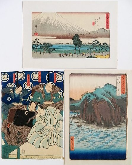 3 Japanese woodblock prints: Hiroshige Ando- ''Echigo''; ''Hara''- 2 woodblocks in colors, ''Echigo''- from series 'Sixty Famous Places'; ''Hara'' from series 'Fifty-three Stations of Tokaido> Kuniyoshi Utagawa- four Samurais- wo