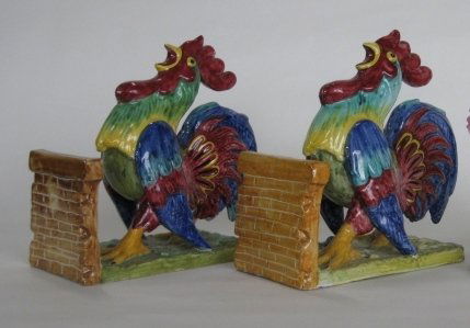Cantagalli rooster bookends: Cantagalli earthenware rooster bookends, marked, very good condition. 9''h
