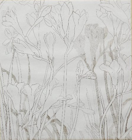 Gary Bukovnik etching: Gary Bukovnik- ''Fresia''- etching on chine colle, 1981, signed, dated, titled and numbered 5/25 in pencil. 16 x 14 3/4''