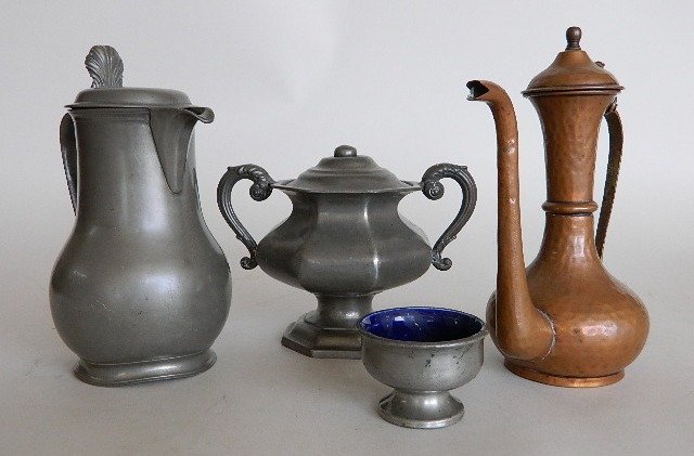 4 pieces of metal wares: 4 pieces of metal wares- 1 English Sheffield food container, a pewter tankard, a salt cellar, and a Russian copper serving kettle- food containers stamped James Dixon & Son.