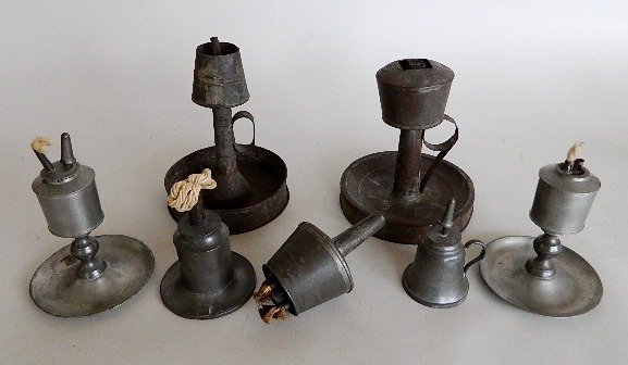 19th c. American 7 lamps: 19th c. American 7 lamps- 3 pewter, 1 whale-oil, 1 grease, 1 peg and 1 lard.