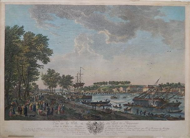 after J. Vernet hand-colored engraving: after J. Vernet- ''Vue de la Ville et du Port de Bayonne''- etching with hand-coloring, 1764, published by C. N. Cochin Filius et J. Ph. Le Bas. 20 1/2 x 28 1/4''