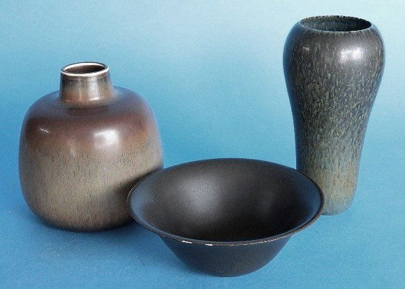 Swedish Lidkoping Rorstrand 2 vases & 1 bowl: Swedish Lidkoping Rorstrand glazed ceramic 2 vases and 1 bowl, ca. 1950's, marked, various sizes.