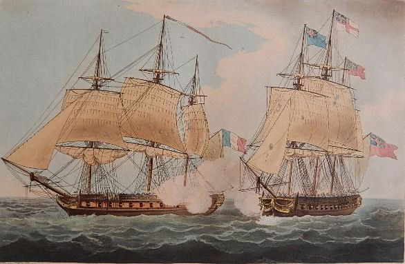 after Thomas Whitcombe etching: after Thomas Whitcombe- ''Capture of La Clorinde''- etching with hand-coloring, ca. 1814, engraved by T. Sutherland. 6 7/8 x 10 1/4''