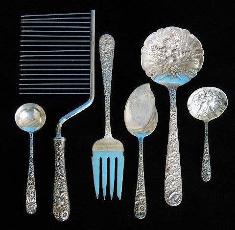 6 S. Kirk & Sons sterling silver utensils: 6 S. Kirk & Sons sterling silver utensils, Repousse pattern- 1 cake knife, 1 serving fork, 1 large and 1 small berry spoons, 1 small ladle and 1 cheese server. 5 pcs- approx. 10 oz.