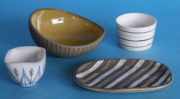 9 European ceramic vases: 9 European ceramic vases, ca. 1950's- including Riksforbund bowl; Ingrid Atterberg tray; Laholm bowl (as is) and pitcher; Erich and Ingrid Triller vase; Felix Tissot bowl; Mari Simmulson vase; and Kai