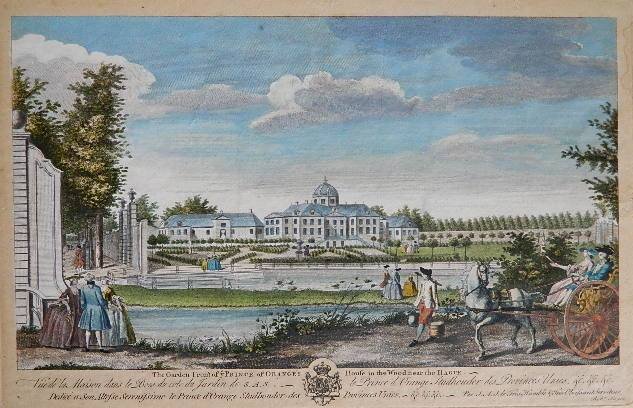 Robert Sayer engraving: Robert Sayer (publisher)- ''The Garden Front of Ye Prince of Orange's House in The Wood Near The Hague''- engraving with hand-coloring, some discoloration to the paper. 8 3/4 x 15''