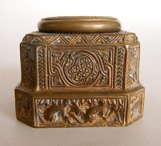 Tiffany bronze inkwell: Tiffany bronze inkwell, Venetian pattern, octagonal shape with inset, marked: Tiffany Studios / New York / 1700- bottom. 2 1/2 x 3 x 3''