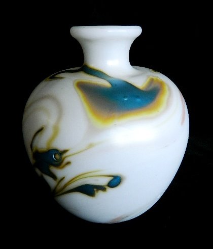 Charles Lotten Art glass vase: Charles Lotten Art glass vase, opal vase with swirl design in pinks blues and yellows, 1972, signed Charles Lotton 1972 at base. 6''h