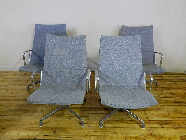 Herman Miller 4 arm chairs: Herman Miller 4 arm chairs, chrome frame with light gray blue fabric upholstery, swivel, all with Herman Miller labels, some wear and spots of blemish and soiling, minor scratches to metal frame, upho