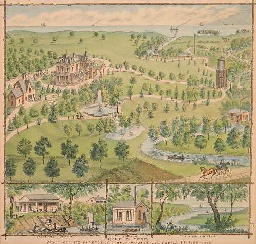 19th c. American school engraving of Cleveland: 19th c. American School- ''Camp Gilbert, Residence and Ground's of George Gilbert Esq., Cleveland OH''- engraving with hand-coloring. 24 1/4 x 24 1/4''
