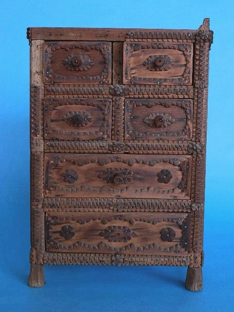 Tramp Art miniature chest of drawers: Tramp Art miniature chest of drawers, several areas of loss. 17 x 12 x 6''