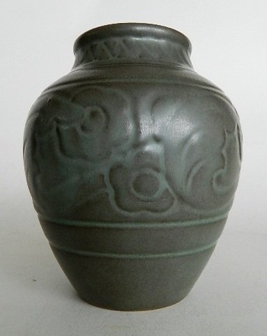 Rookwood Mat glaze pottery vase: Rookwood Mat glaze pottery vase, 1926, gray green glaze decorated with a band of stylized flowers, marks include Rookwood logo, date and shape #2865. 5 1/2''h