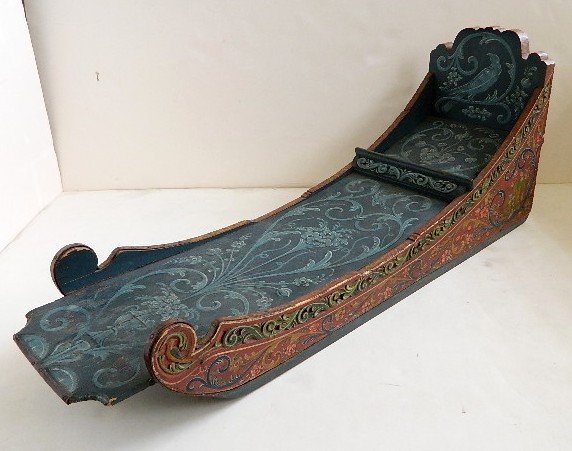 Late 18th / Early 19th c. Netherlandian sled: Late 18th / Early 19th c. Netherlandian painted wood sled, Friesland Hinde loopen area. 38 x 11 1/2 x 16''