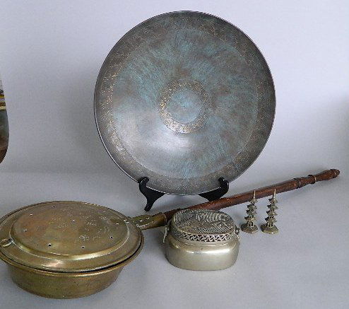 4 Brass items: 4 Brass items- 18th c. American bed warmer with wood handle; together with an Israeli shallow bowl; Japanese hand warmer and Chinese candle holder.