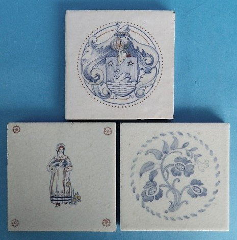 3 English Poole pottery tiles: 3 English Poole pottery tiles- Dutch Maid, Medallion and Coat of Arms- chips and losses. 5 x 5''