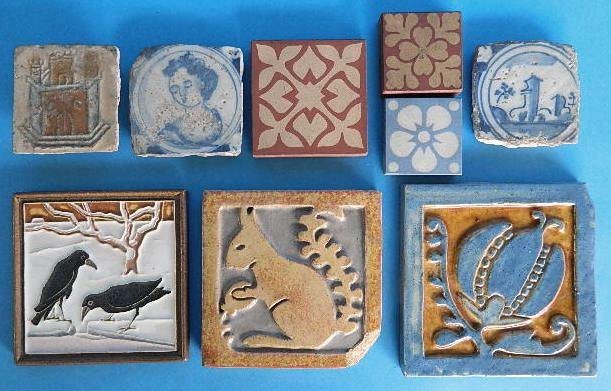 9 Ceramic tiles: 9 Ceramic tiles- 3 17th c. Spanish tiles 3 x 3''; 2 20th c. American tiles 5 x 5''; 1 Contemporary Delft tile- Crows in Snow 4 1/2 x 4 1/2''; 3 American tiles with stylized floral motif, various sizes