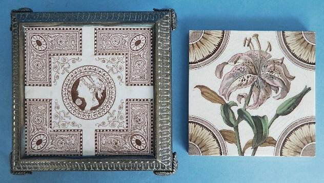 2 19th c. English ceramic tiles: 2 19th c. English ceramic tiles- one set in a trivet stand. 6 x 6''