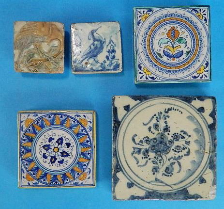 5 17th/18th c. European pottery tiles: 5 17th/18th c. European pottery tiles- 2 Italian tin-glazed earthenware floor tiles, 4 x 4''; 2 Spanish wall tiles- Bird and Swan, 2 3/4 x 2 3/4''; Spanish wall tile- Floral Spray, 5 1/2 x 5 1/2''; ch