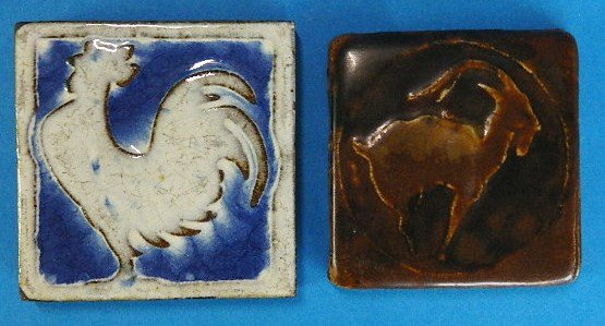 2 Pewabic pottery tiles: 2 Pewabic pottery tiles- Goat and Rooster, chips. 4 x 4''ea.