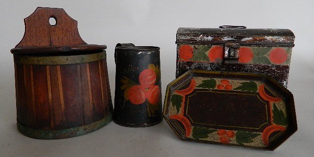 3 Pieces of painted tin and wooden salt box: 3 Pieces of painted tin and wooden salt box- Early 19th c. American wooden salt box with brass fittings; together with 3 19th c. American painted tin objects- mug, tray and box; wear from use and age,
