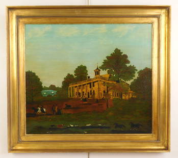 10th c. American School oil: Mount Vernon oil on canvas (relined), framed.&nbsp; &nbsp;22 1/2 x 25 3/4&quot; Exhibited: American Folk Art Gallery, New York, NY Provenance: Private collection- Cleveland, OH Isabella Carlson Wilde