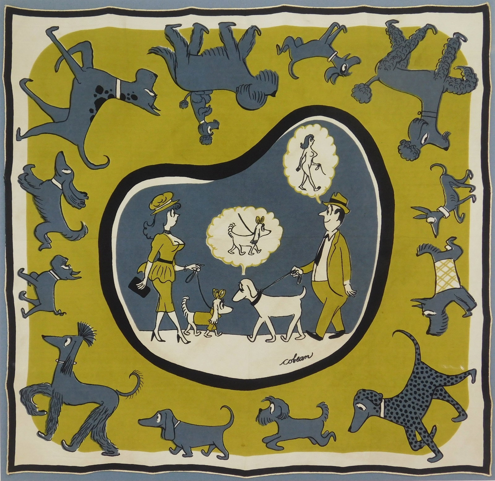 Vintage Sam Cobean (American 1913-1951) handkerchief: silk, mounted to support board in four corners. 18 x 18" Sam Cobean (American 1913-1951) was a well-known illustrator for The New Yorker Provenance: Private collection-