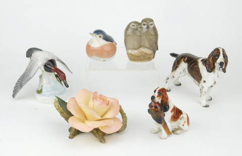 6 Porcelain figurines- Royal Doulton, Royal Copenhagen & Boehm: Royal Doulton- Two figurines of dogs Royal Copenhagen- Pair of Owls; Bird Boehm porcelain- Canvasback; Pink rose Provenance: Private collection-&nbs