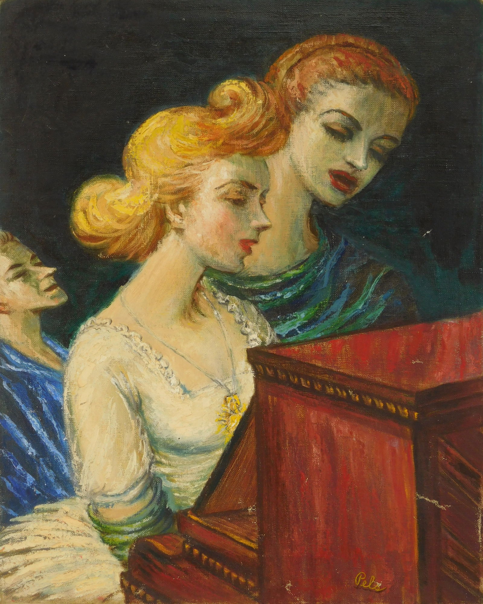 Albert Pels (American, 1910-1998) oil: The Duet oil on canvas, 1950, signed Pels lower right. 20 x 16" Provenance: Private collection- New York, NY; By descent estate of the artist.