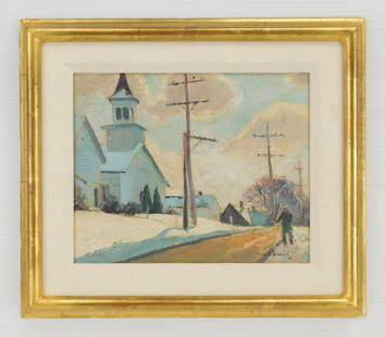 George G. Adomeit (American, 1869-1967) oil: Street Scene in Winter oil on canvas board, 1938, signed Geo. G. Adomeit '38 lower right, minor surface grime. 8 x 10'' Provenance: Private collection- Cleveland, OH