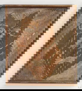 Walter Sanford (American, 1912-1987) oil: Collage 35 oil on cardboard, 1965, signed Sanford 65 upper right, signed, titled and dated verso, framed. 21 x 18 1/2" Provenance: Private collection- Glenview, IL