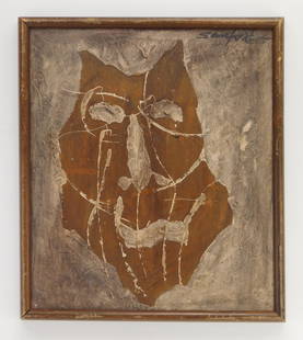 Walter Sanford (American, 1912-1987) oil: Collage 35 oil on cardboard, 1965, signed Sanford 65 upper right, signed, titled and dated verso, framed. 21 x 18 1/2" Provenance: Private collection- Glenview, IL