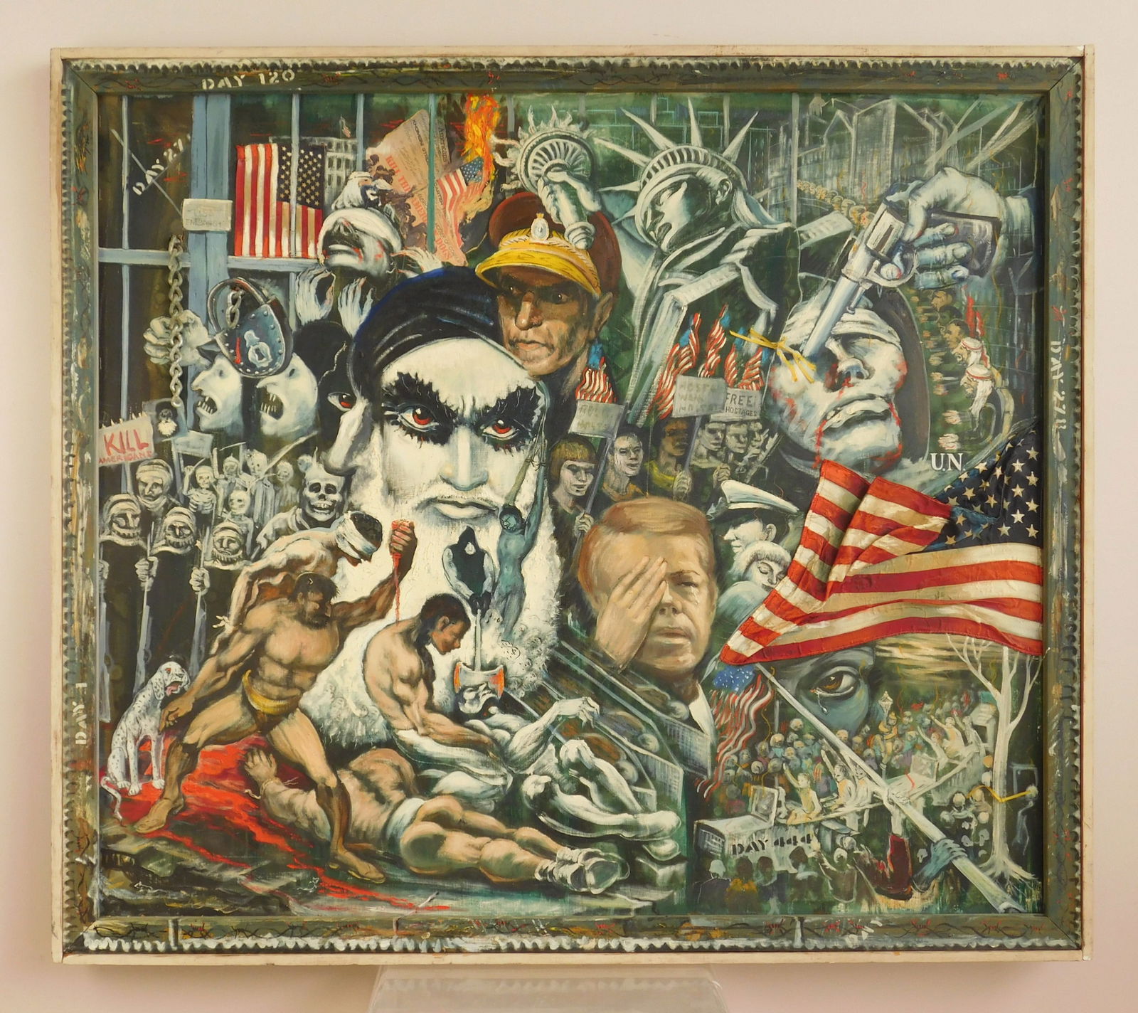 Albert Pels (American, 1910-1988) oil: Free the Hostages oil and collage on canvas, ca. 1981, framed. 42 x 48" Provenance: Private collection- New York, NY; By descent estate of the artist.