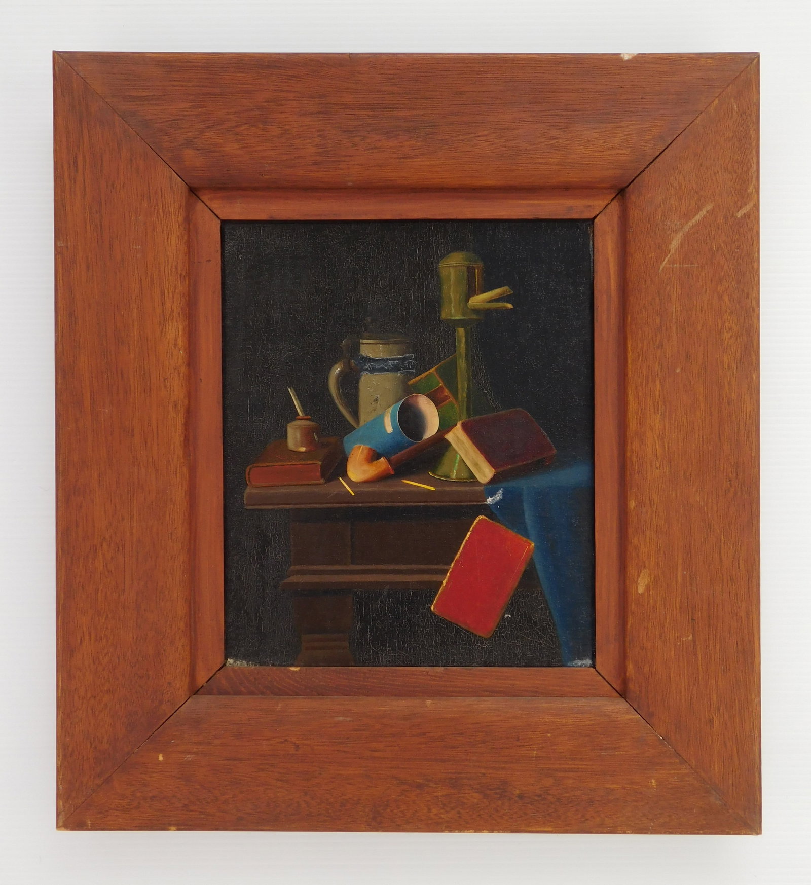 Clay Powers (American 20th/ 21st c.) oil: Still-Life with Whale Oil Lamp (after John Peto) oil on canvas (relined), framed. 12 x 10" Provenance: Private collection- Cleveland, OH