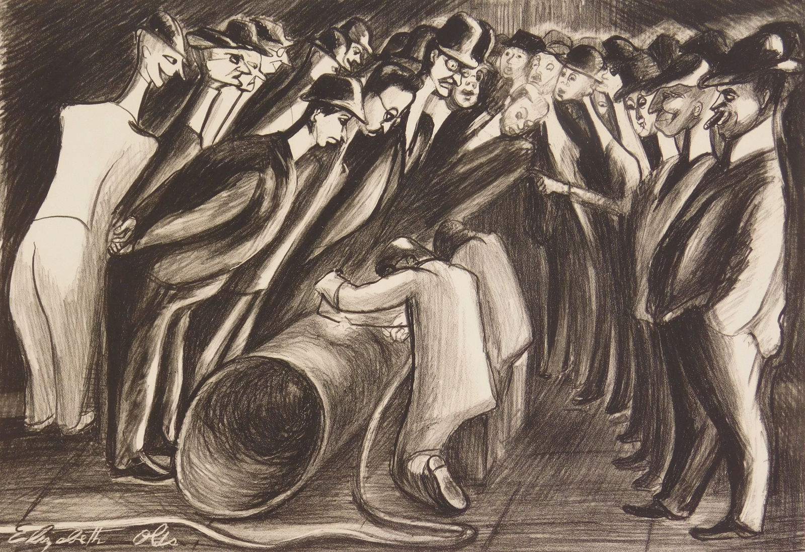 Elizabeth Olds (American, 1896-1992) lithograph: Sidewalk Engineers lithograph, signed in image lower left, titled in pencil. 9 x 12 7/8" Provenance: Private collection- Chicago, IL