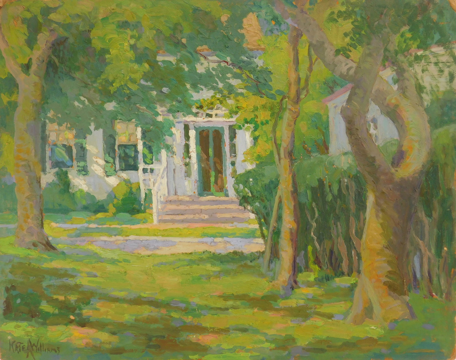Kate A. Williams (American, 1877-1939): Home and Yard oil on cardboard, signed Kate A. Williams lower left. 15 1/2 x 20" Condition: Corners bumped and some chipping around edges Provenance: Private collection- Columbus,