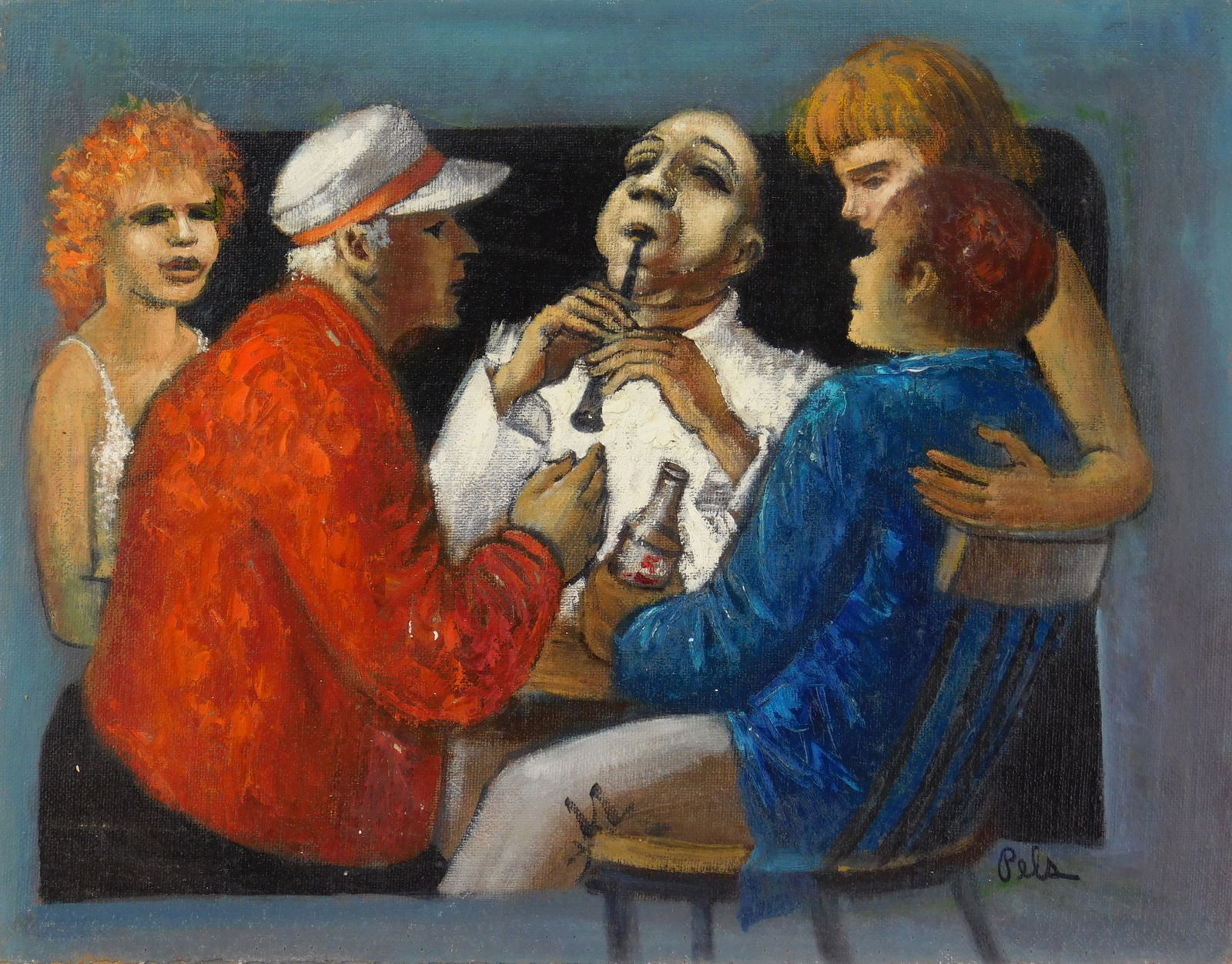 Albert Pels (American, 1910-1988) oil: Figures Around a Table oil on canvas laid on panel, signed Pels lower right. 14 x 17 3/4" Condition: Very good condition Provenance: Estate of the artist; thence by descent to the curren