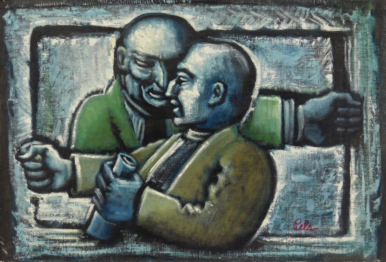 Albert Pels (American, 1910-1998) oil: The Discussion oil on canvas laid on Masonite, signed Pels lower right. 13 x 20 7/8" Condition: Very good condition Provenance: Estate of the artist; thence by descent to the curre