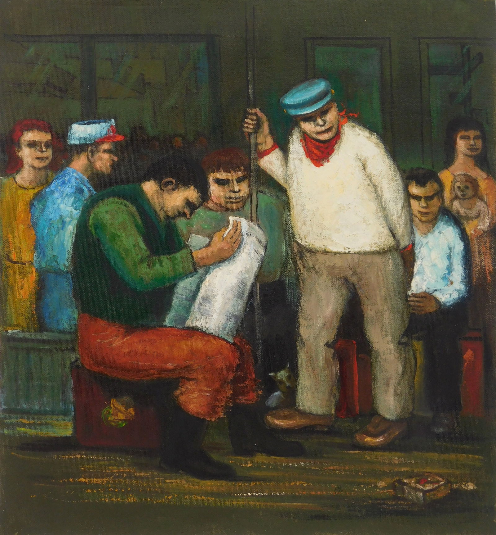 Albert Pels (American 1910-1998) oil: Early Morning Subway Riders oil on canvas. 17 1/2 x 16" Condition: Very good condition Provenance: Estate of the artist; thence by descent to the current owner.