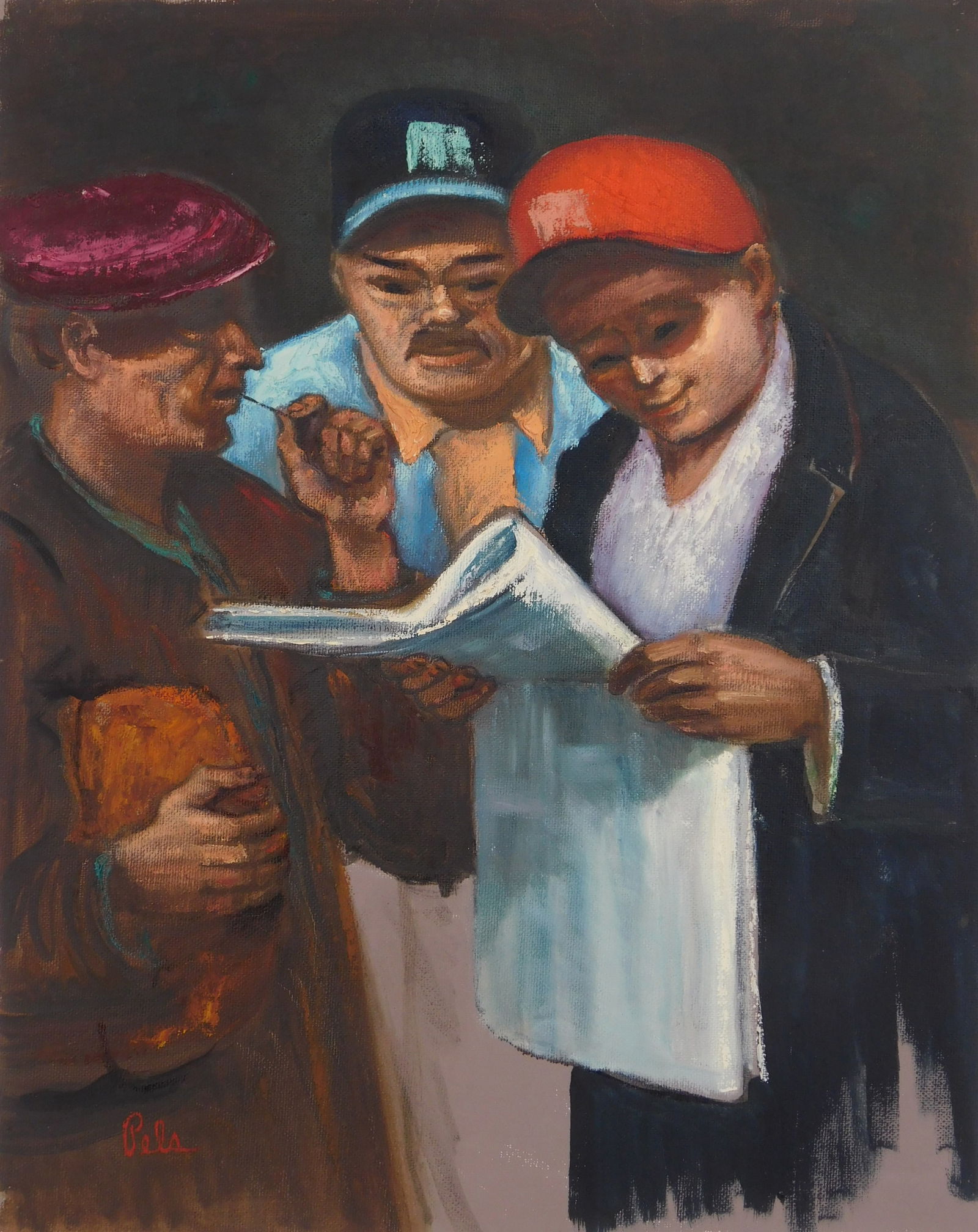 Albert Pels (American, 1910-1998) oil: Looking Thru Help Wanted Ads oil on canvas, signed Pels lower left. 17 1/2 x 14" Condition: Very good condition Provenance: Estate of the artist; thence by descent to the current o