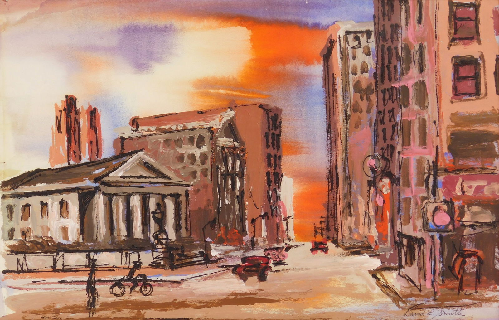 David L. Smith (20th c.) mixed media on paper: Corner of Third & Main mixed media on paper, signed David L. Smith lower right. 11 1/4 x 17 1/4" Provenance: Private collection- Copley, OH