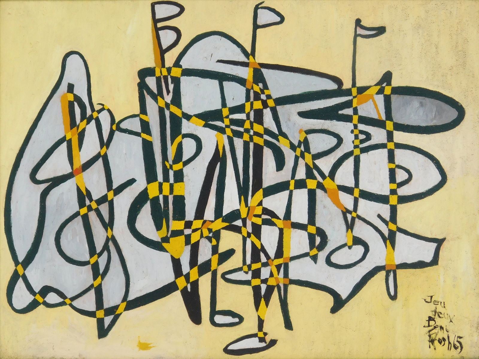 Charles Elmer Harris (American, 1917-1993) oil: Jeu Deux oil on Masonite, 1965, singed Beni Kosh, titled and dated lower right. 12 x 16" Condition: Minor surface grime Provenance: Private collection- Cleveland, OH</