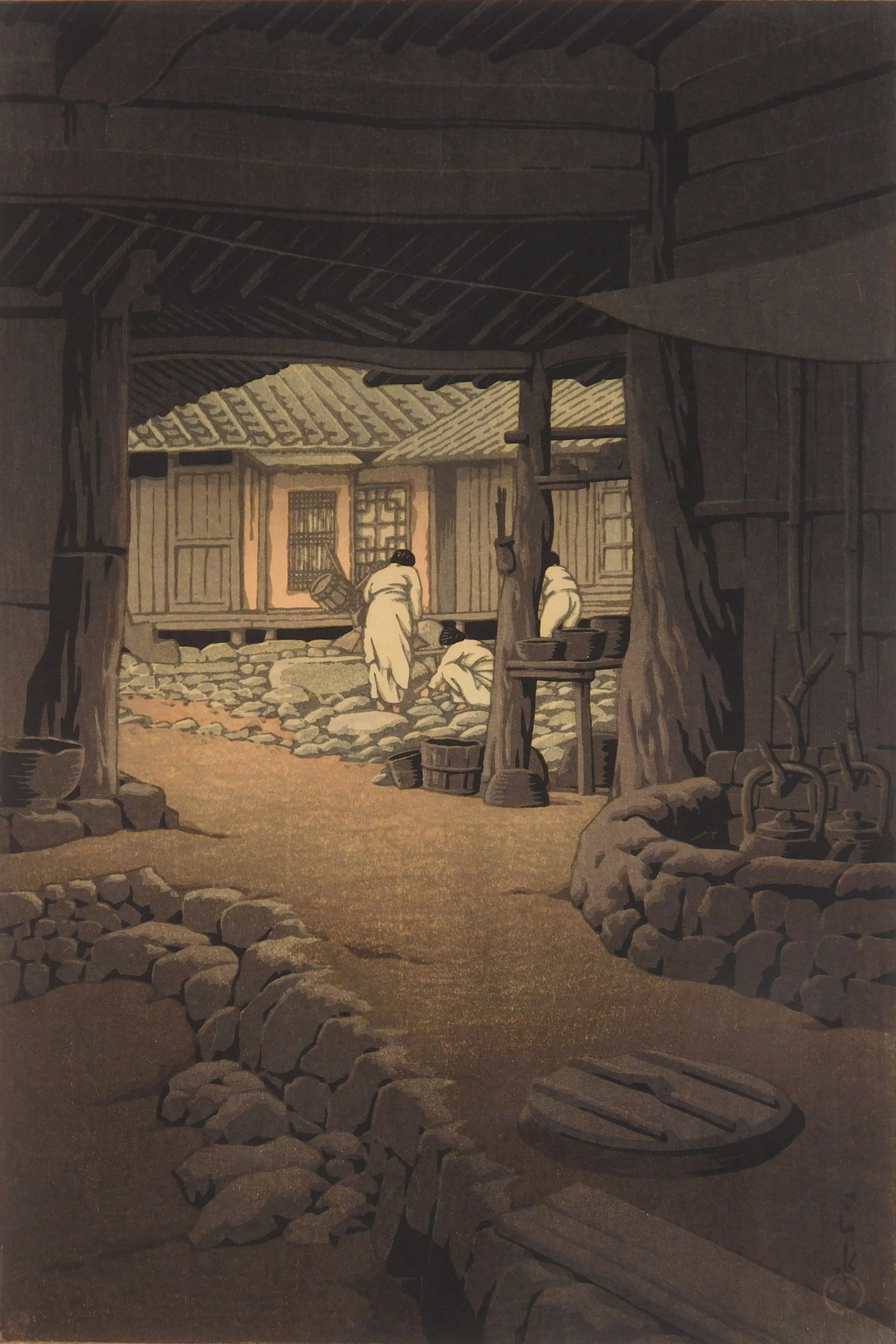 Hasui Kawase (Japanese, 1883-1957) woodblock: Modan viewpoint, Pyongyang, Korea woodblock in colors, 1940, from the series Views of Korea, Continued , 14 1/4 x 9 1/2" Brown 445 Condition: Thread margins